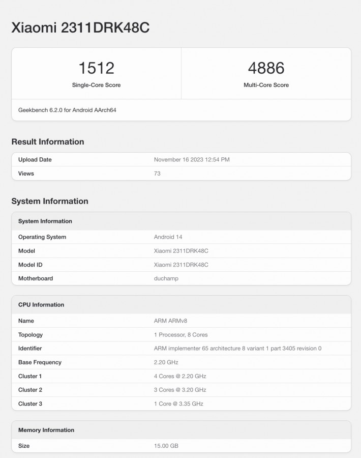 Redmi K70 Geekbench puan kartı