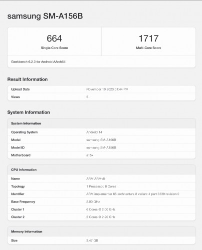 Samsung Galaxy A15 5G Geekbench puan kartı