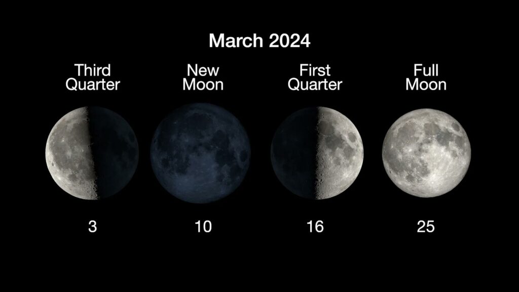 Mart 2024 için Ay'ın evreleri.