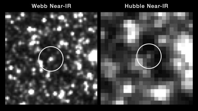 Uzak bir galaksideki aynı Sefeid değişken yıldızının JWST ve Hubble gözlemleri. ( NASA, ESA, CSA, STScI, A. Riess/JHU/STScI )